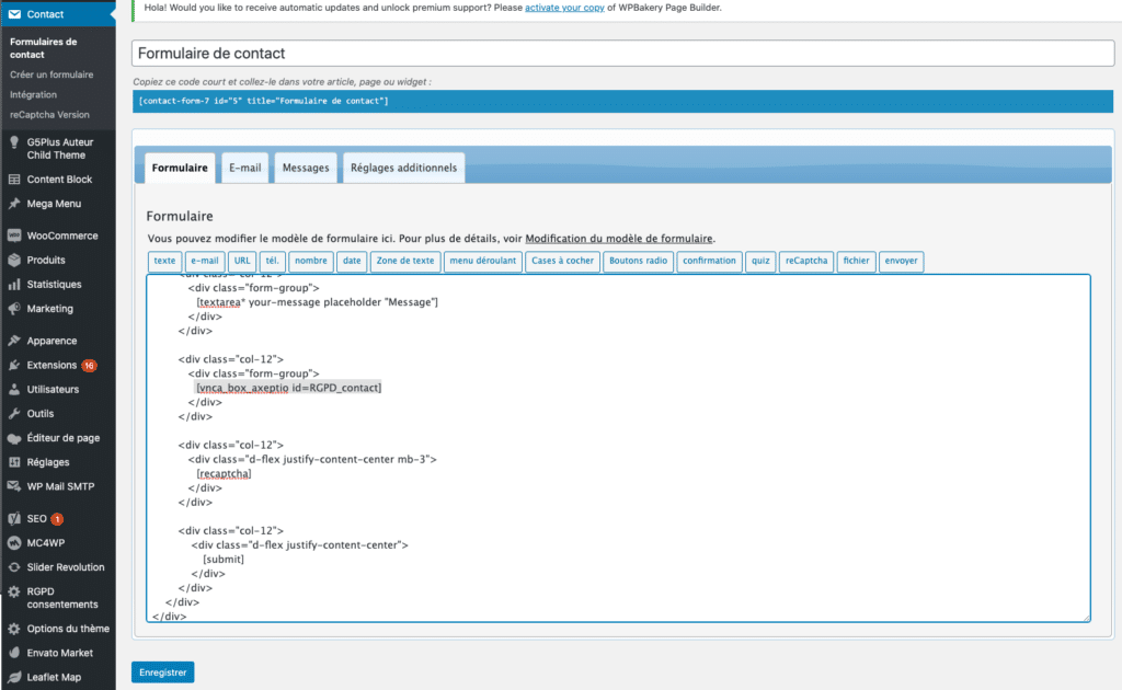 Intégration du shortcode Visions Nouvelles Axeptio avec le plugin Contact Form 7